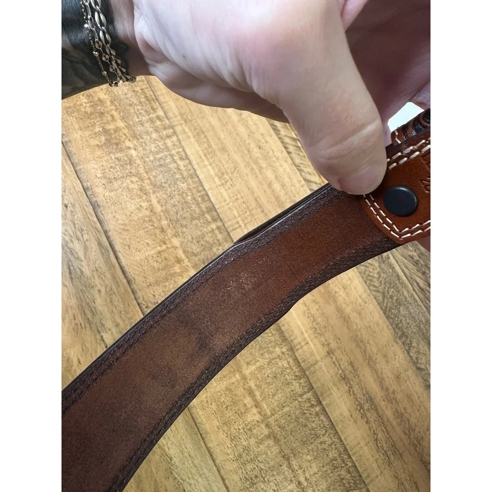 Mens size 28‎ Brown Genuine Leather Western Cross Embossed Belt Silver Buckle